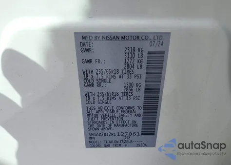 2024 Nissan Murano Sv Fwd из США, поврежденный, VIN 5N1AZ2BJ2RC127061